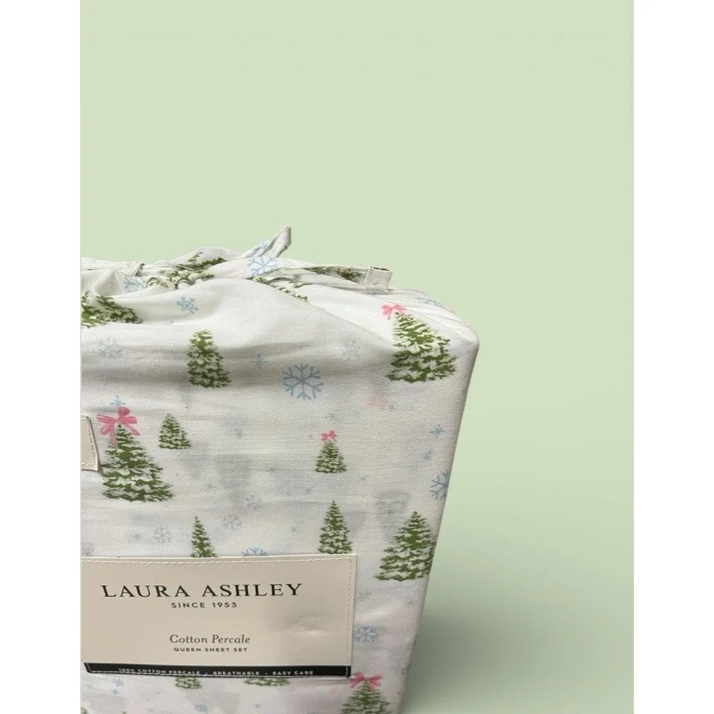 Laura Ashley Queen‎ Percale Sheet Set 100% Cotton Winter Wonderland Green Trees